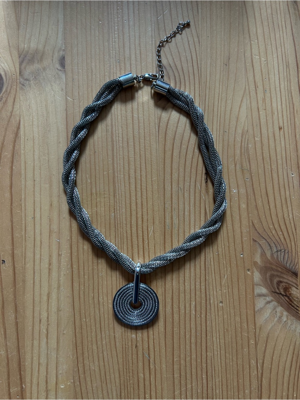 Silver-Tone Twisted Mesh Necklace with Circular Pendant - Women Jewelry